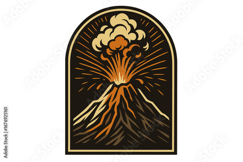 Art deco volcano eruption with lava and smoke. Stylized vector illustration of a mountain explosion. Retro adventure travel patch or logo. Power of nature, natural disaster.