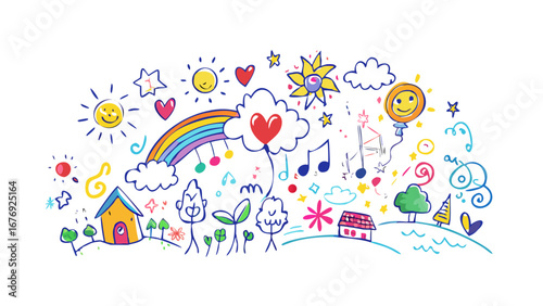 Cheerful doodle landscape with sun and rainbow colorful