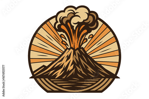Art deco vector logo of an erupting volcano. Mountain with lava flow and smoke plume. Circular badge design with sunburst. Concept for power, nature, disaster, and geology.