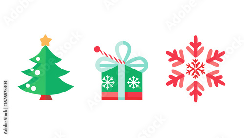 Christmas tree gift and snowflake icons gift box holiday