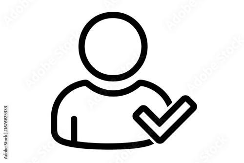 User profile verified icon. Person with checkmark. Concept of member approval, staff recruitment, employee hiring, candidate selection. Account confirmed, access granted symbol.