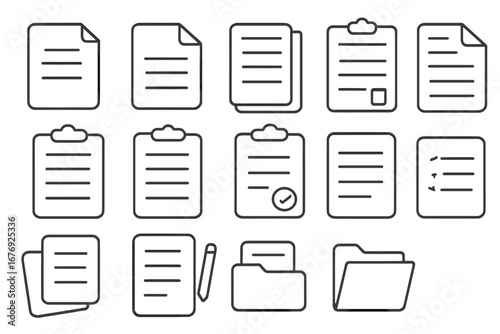 Document icon set. Thin line vector symbols for files, reports, and clipboards. Office and business concept. Page, form, checklist, task, and folder icons for web or app.