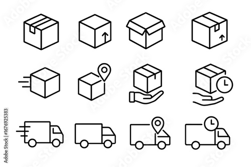 Delivery service line icon set. Logistics and shipping thin icons. Package, cargo, van, truck, order tracking, fast shipping. Vector outline symbols for web, app, ui, ux design.