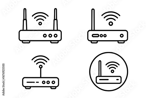 Wireless Router Icon Set. Editable Stroke. Modern WiFi Router Symbols with Antenna. Perfect for Internet, Network, WiFi Connection, Home Office, Web, Technology, Mobile Apps, Digital Design.