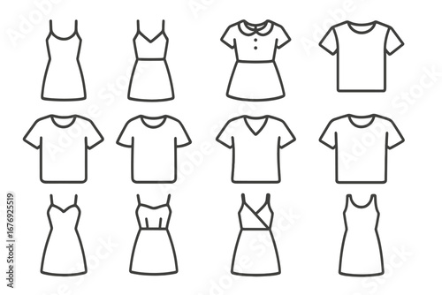Dresses and T-shirts line icon set. Women's clothes, fashion, apparel, and casual garments collection. Vector outline symbols with editable stroke for web or app design.