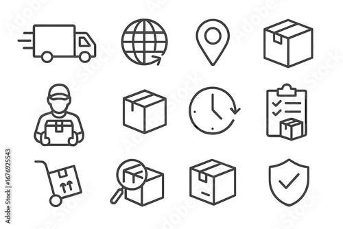 Delivery logistics and shipping line icons collection. Fast delivery truck, parcel tracking, global shipping, courier service, secure package, warehouse, timely shipment vector symbols set collection