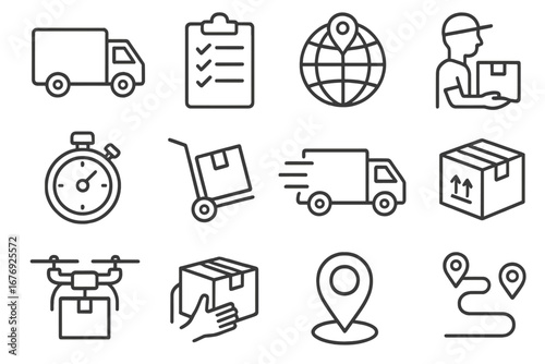Delivery and Logistics Line Icon Set. Fast Shipping, Delivery Truck, Courier, Package Tracking, Global Logistics, Express Shipping, Location, Drone Delivery, Warehouse, Transport Vector Illustration