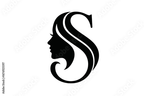 Beauty monogram letter S logo. Woman silhouette with long hair. Elegant feminine face profile icon for cosmetic, spa, hair salon, fashion brand or makeup artist business.