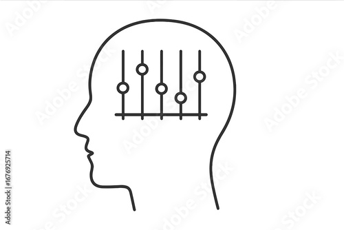 Concept of mental health and mood regulation. Head silhouette with equalizer for self-control, emotional balance, and personality adjustment. Psychology vector icon.
