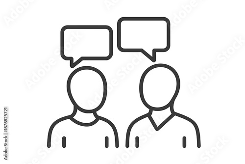 Minimalist Conversation Icon Vector. Faceless People Talking Symbol. Simple Line Communication Pictogram. Dialogue Chat Bubbles Illustration. Social Interaction Graphic. Transparent Background.