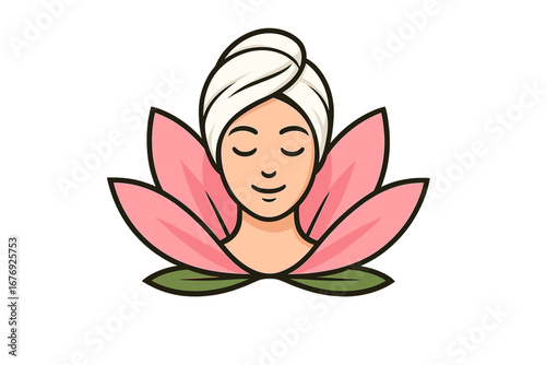 Beauty spa logo with woman's face in lotus flower. Vector for cosmetics, salon, wellness. Symbol of natural skincare, relaxation, meditation, harmony, zen, massage therapy.