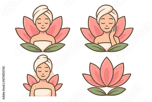 Woman in spa with lotus flower logo set. Vector cartoon for beauty, wellness, and skincare. Icon collection for massage, salon, and relaxation. Natural zen floral graphic.