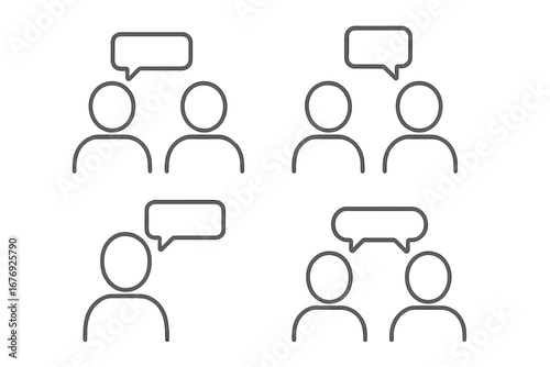 Minimalist Conversation Icons Set. Thin Line People Talking, Speech Bubble Outline, Faceless Communication Symbol, Business Meeting, Social Interaction, Vector Isolated Transparent Background