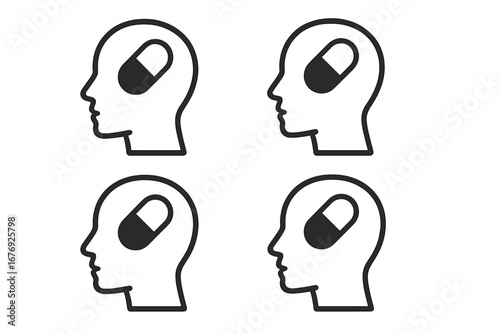 Head silhouette with pill icon. Concept for mental health, medicine, psychology, drug treatment, pharmacology, therapy, psychiatry, antidepressants, and cognitive function.