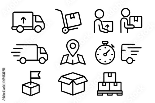 Delivery and Transport Line Icon Set. Shipping Logistics Courier Express Truck, Parcel, Map, Pallet, Stopwatch, Handcart, Box Line Art. Vector Illustration for Web, App, Ad Design