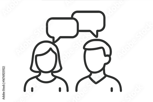 Two faceless people talking icon. Man and woman communication. Minimal linear pictogram. Vector cartoon illustration. Couple conversation concept. Support, advice, discussion.