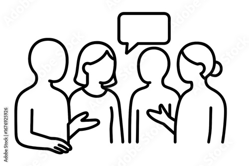 Group of faceless people talking and communicating. Minimalistic line art icon for social interaction, discussion, teamwork, or community. Vector cartoon illustration symbol.