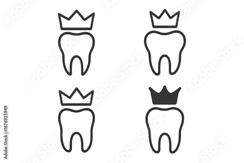 Dental crown tooth icon set. Dentistry, stomatology concept. Minimalist line art for dental clinic logo, oral care, health symbol. Vector tooth restoration, implant treatment.
