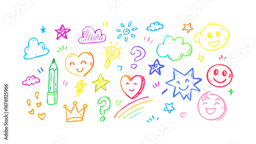 Colorful hand drawn doodles and emoticons hearts