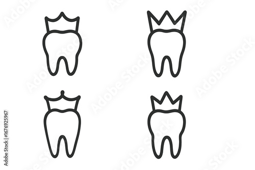 Dental crown icon set. Tooth with crown logo concept for dentistry clinic. Oral care and stomatology symbol. Tooth restoration or implant vector sign. Minimal line art design.
