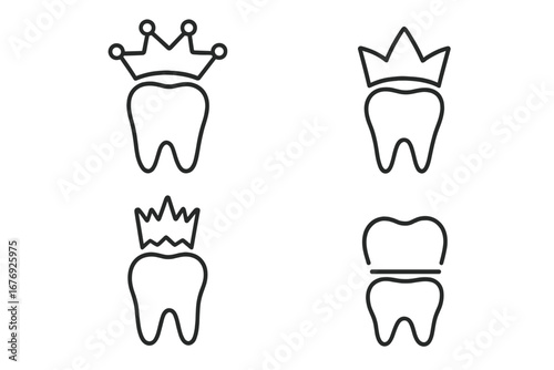 Dental crown line icon set. Tooth with crown vector logo concept for dentistry, stomatology clinic. Symbol of oral health, dental care, restoration, treatment, implant.