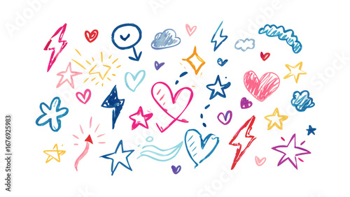 Colorful hand drawn doodles hearts stars lightning