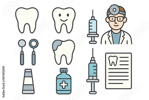 Dental Care Icon Set Vector. Tooth, Dentist, Dental Tools, Syringe, Medicine, Toothpaste, Cavity, Prescription, Medical Report. Pediatric, Family, Preventive, Restorative, Oral Hygiene Concept