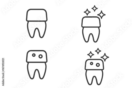 Dental crown, tooth implant icon set. Oral hygiene, stomatology concept. Tooth restoration, protection, and care. Vector line art for dentistry, logo, web, app design.