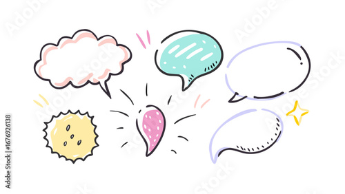 Colorful hand drawn speech bubbles and shapes thought bubbles