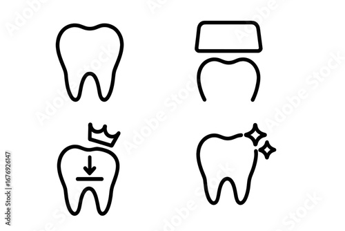 Dental crown icon set. Thin line vector icons for dentistry, stomatology. Tooth, implant, whitening, restoration, oral care, hygiene concepts. Molar pictogram collection.