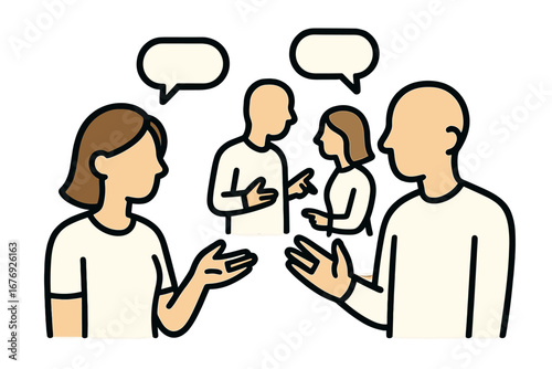 Vector icon set of faceless people talking. Concept for communication, dialogue, social interaction, meeting, and teamwork. Group discussion with speech bubbles. Minimalist design.