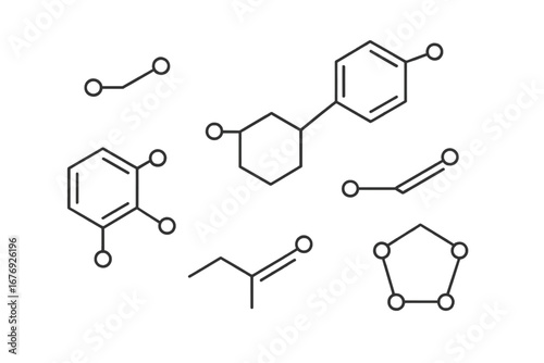 Chemical Molecule Icon Set. Flat Vector Illustration of Organic Chemistry Structures, Molecular Formulae, Benzene Rings, Hydrocarbon Compounds. Scientific Symbols for Laboratory, Research, Education.