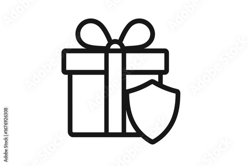 Gift protection guarantee icon. Modern outline vector of gift box with shield. Safe online shopping, secure order, warranty, insurance, present safety, customer care design for apps, cards, web