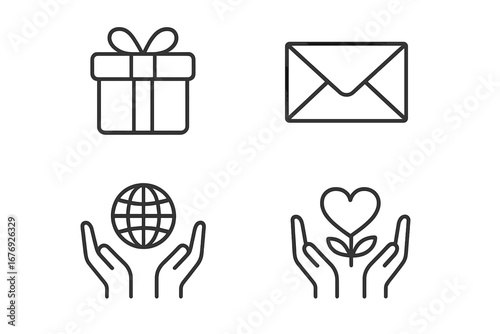 Charity donation gift box, envelope mail, world globe in hands, heart and plant care linear icon set. Volunteer, kindness, non profit, charity, eco sustainability concept outline vector illustration.