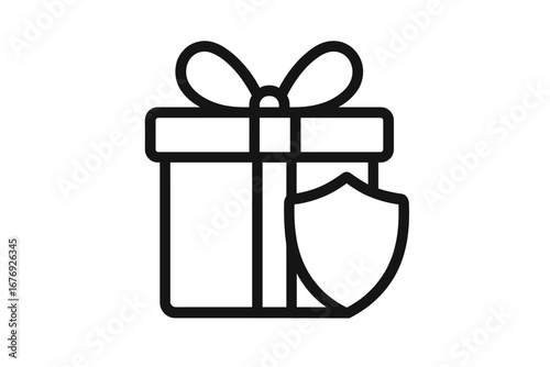 Gift box security shield icon. Modern outline vector illustration for safe gift delivery. Package protection, secure shipping, warranty, insurance, present guarantee design. Transparent background.