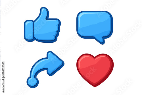 Social media icon set. 3D cartoon style like, comment, share, love buttons. Vector illustration. Thumbs up, speech bubble, arrow, and heart symbols for user engagement.