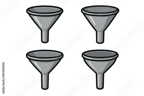 Funnel Icon Set Collection. Cartoon Vector Illustration of Metal Funnels in Editable Isolated Style. Web Icon for Filtration, Transfer, Liquid, Laboratory, Data Analysis, Process, Marketing Design