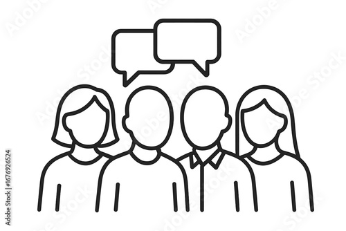 Group of people talking. Team communication icon. Faceless persons with speech bubbles. Concept of discussion, teamwork, meeting, dialogue, and social community. Outline vector.