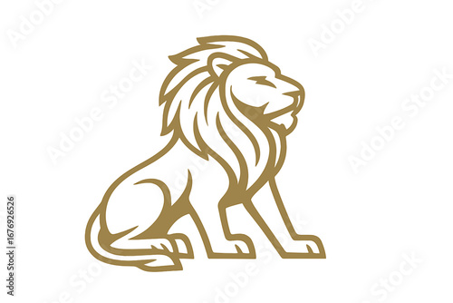 Golden lion logo symbol. Sitting majestic king beast. Royal power and luxury brand identity icon. Strong elegant animal for security, finance or heraldry emblem design.