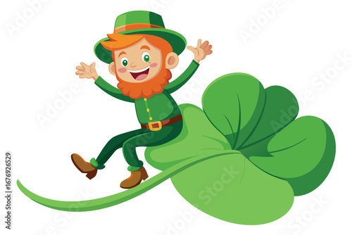 A cheerful leprechaun riding a clover