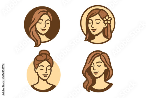 Woman face logo set for beauty, spa, salon, cosmetics. Feminine head portrait & hair style collection. Natural skin care brand identity. Elegant vector cartoon illustration.