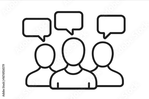 Group of faceless people talking in a team. Outline icon illustration of communication, discussion, and teamwork. Vector graphic for social network, user feedback or meeting.