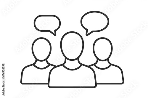 Group of faceless people talking. Communication, teamwork concept. Vector line icon with speech bubbles. Social network, community, user group or public discussion symbol.