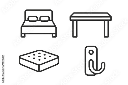 Modern furniture line icon set. Bed, table, mattress, coat hook outline symbols for home interior design, furniture store, web, app, social media, card, post, minimalist decor vector illustration