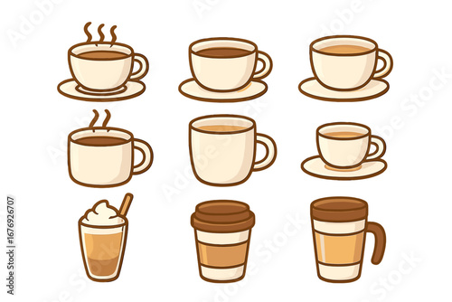 Coffee drink vector icon set. Collection of hot beverage symbols like cup, mug, latte, espresso, cappuccino. For cafe menu, graphic design, web, apps. Takeaway coffee cartoon.