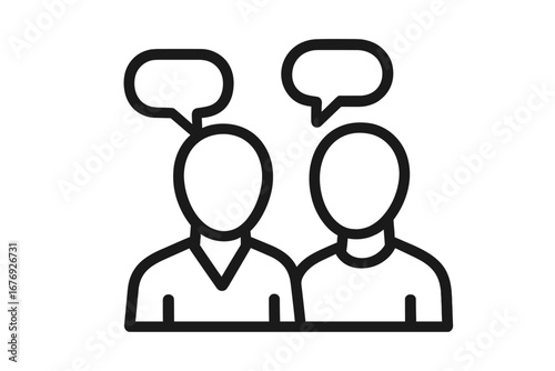 Two people talking icon. Vector line illustration of a dialogue between faceless persons. Communication, discussion, teamwork concept. Social interaction & feedback symbol.