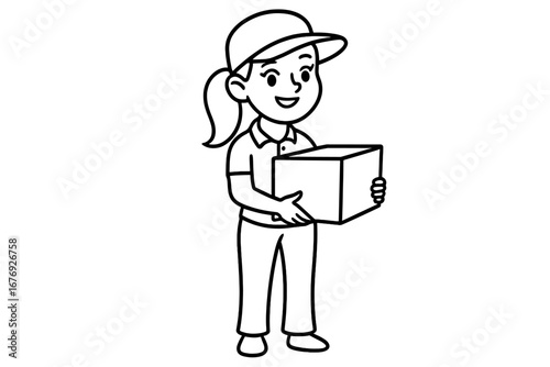 Express delivery courier woman holding package box, outline vector illustration for graphic design, web apps, advertisements, and promotional cards with transparent background, set