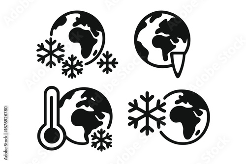 Global cooling minimalistic icon set. Earth with snowflakes, ice, thermometer. Climate change, temperature drop, freeze warning concept. Vector cartoon illustration for web, banners, apps, social.