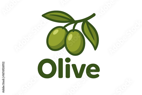 Olive logo design with typography. Vector cartoon illustration of a green olive branch. Flat design icon for natural food, organic products, or olive oil branding concepts.