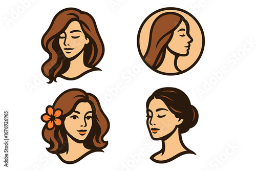 Woman face logo set for beauty salon, spa, cosmetics. Vector girl head collection. Hair style icon. Female character silhouette with flower for wellness and skincare branding.